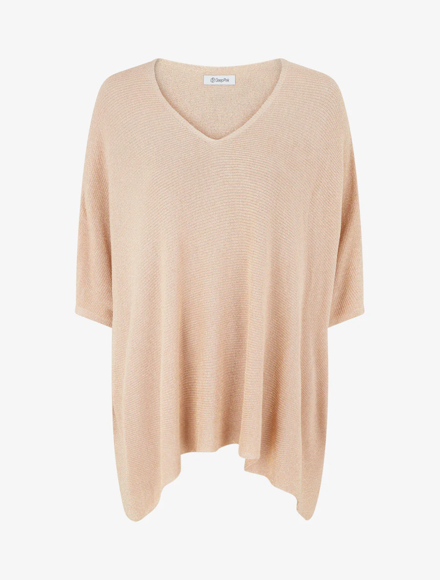 Asymmetrische top met korte mouwen van fijn glanzend breiwerk. - Roze beige