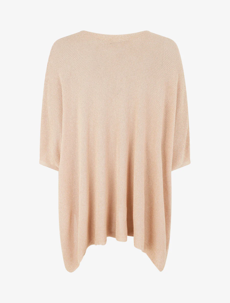 Asymmetrische top met korte mouwen van fijn glanzend breiwerk. - Roze beige - Image 2