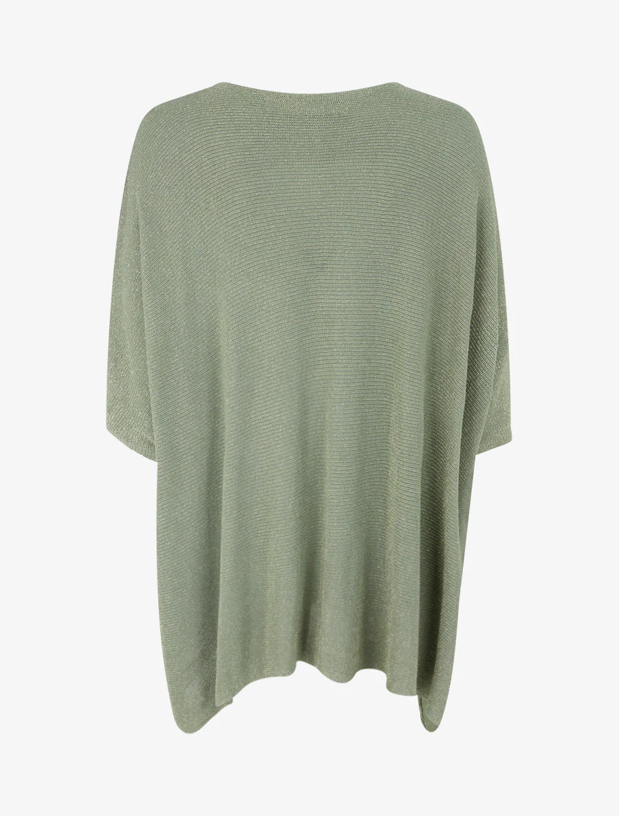 Asymmetrische top met korte mouwen van fijn glanzend breiwerk. - Kaki - Image 2