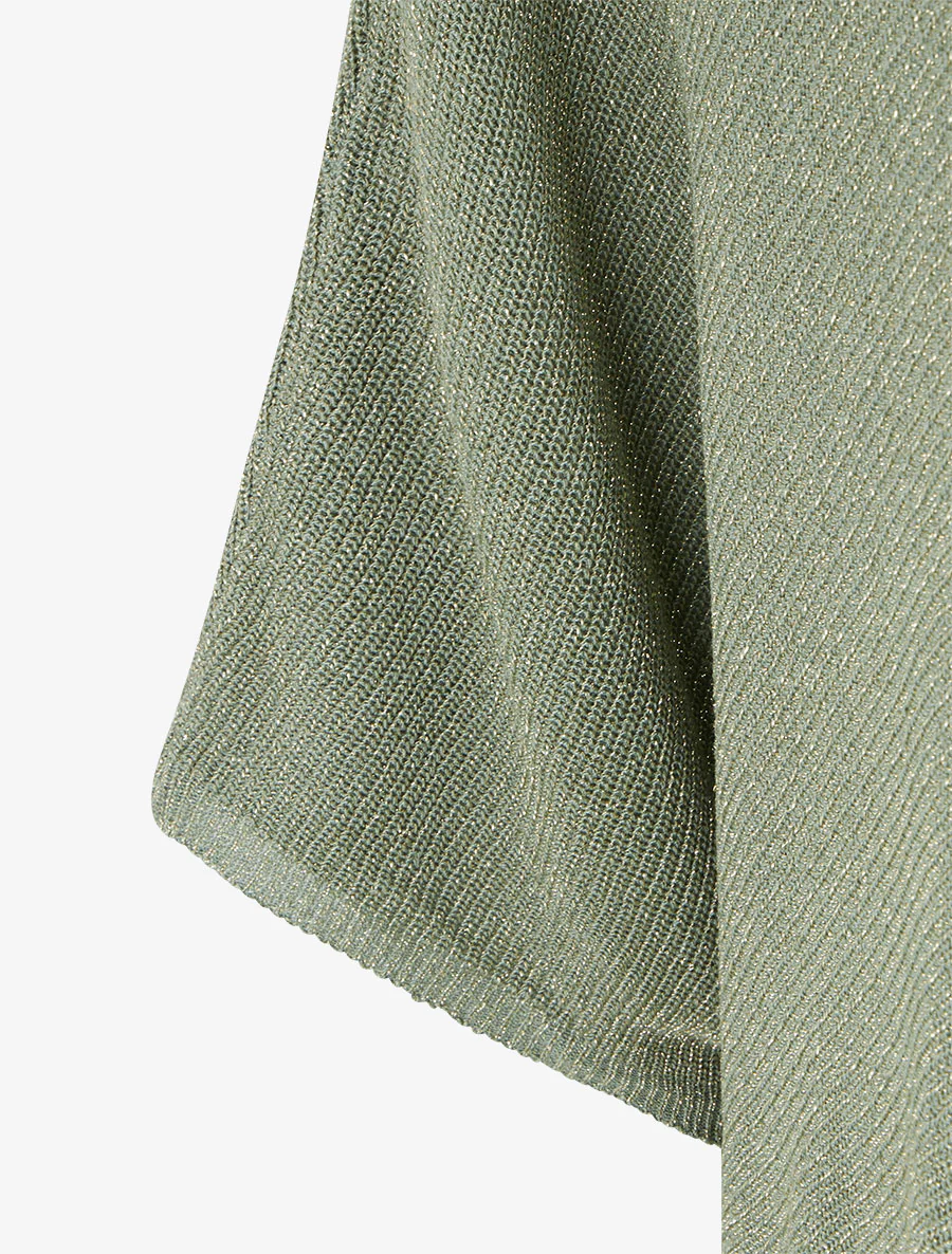 Asymmetrische top met korte mouwen van fijn glanzend breiwerk. - Kaki - Image 3