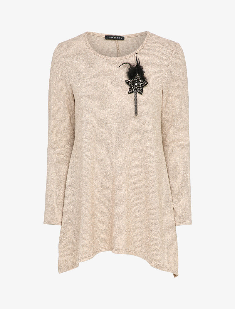 Asymmetrische trui met veerbroche - Beige