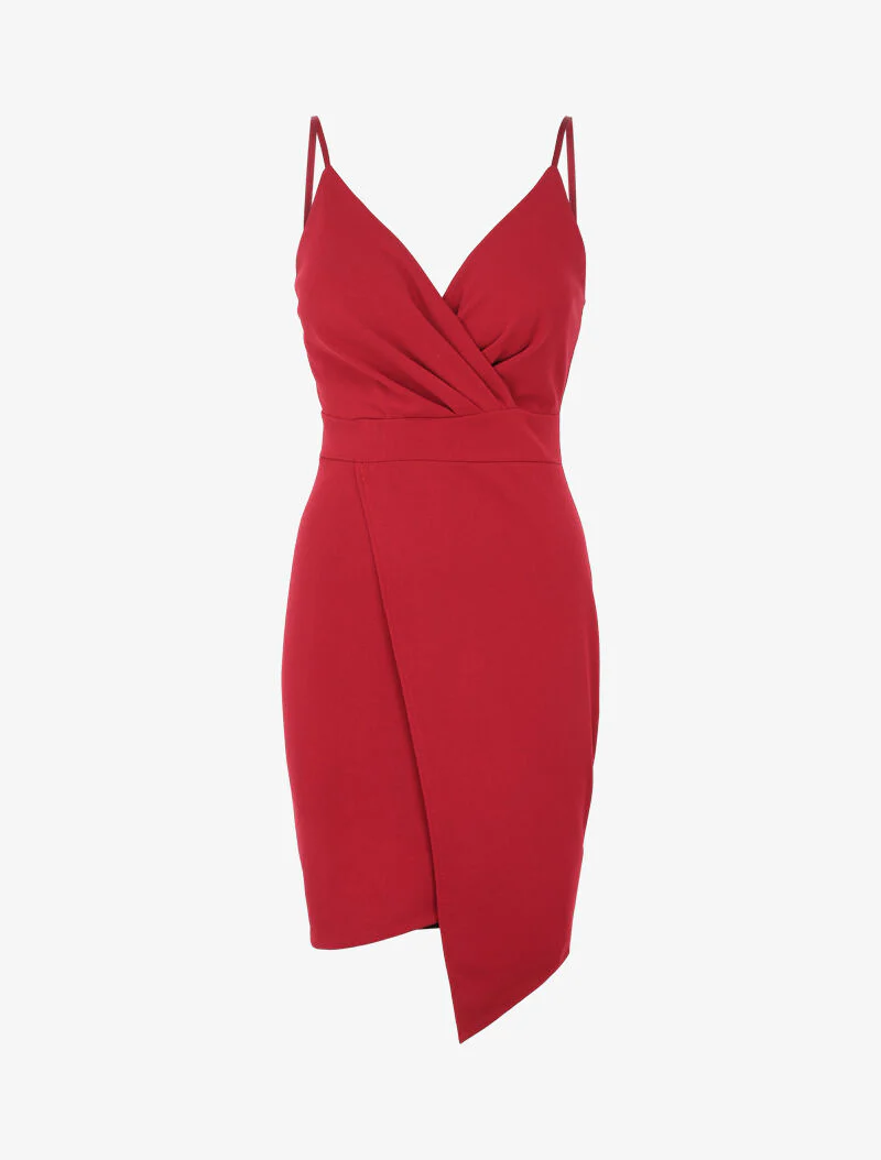 Asymmetrische wikkeljurk met fijne bandjes - Bordeaux