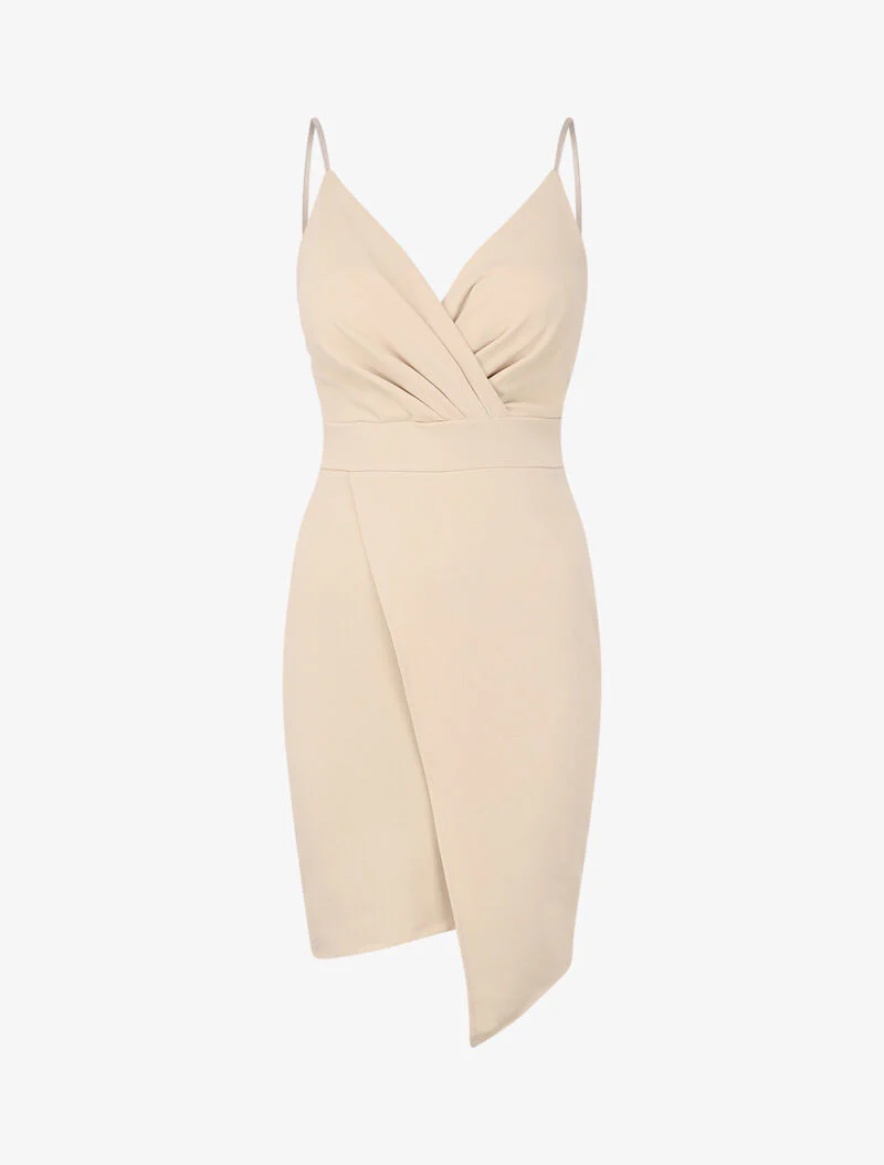 Asymmetrische wikkeljurk met fijne bandjes - Beige