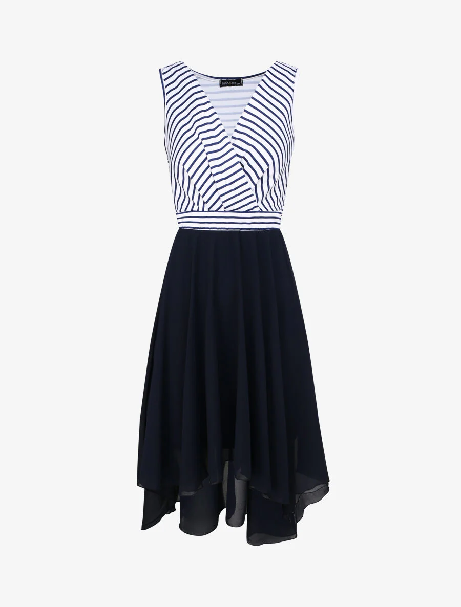 Asymmetrische gestreepte skaterjurk met overslagkraag - Marineblauw