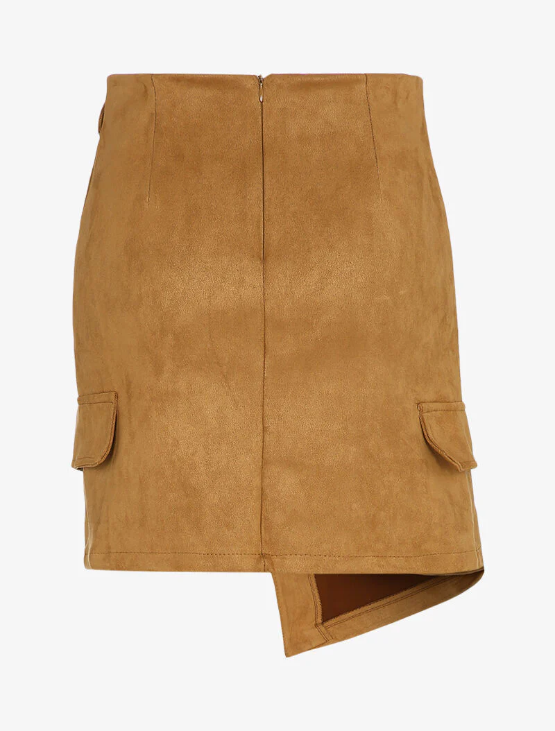 Suède rok met asymmetrische panelen in wikkelstijl - Camel - Image 2