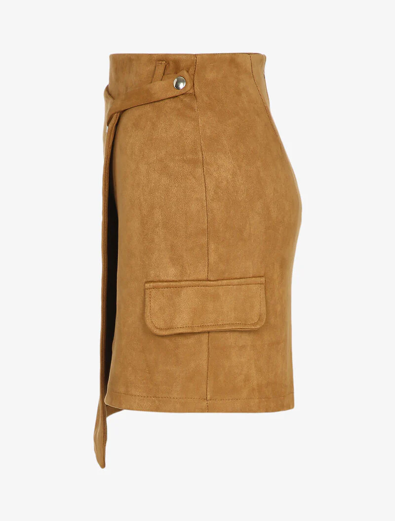 Suède rok met asymmetrische panelen in wikkelstijl - Camel - Image 3