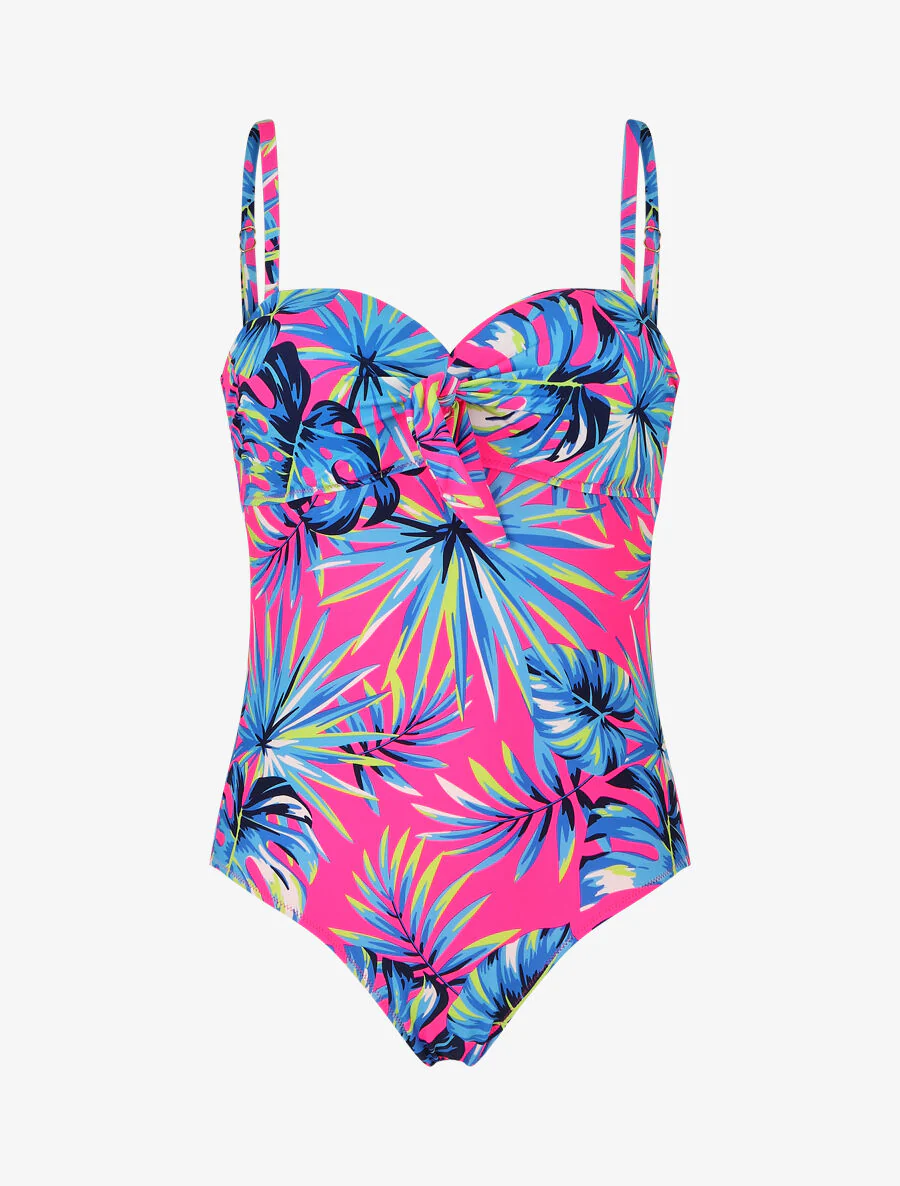 Eendelig badpak met tropisch bladprint - Fluor roze - Image 2