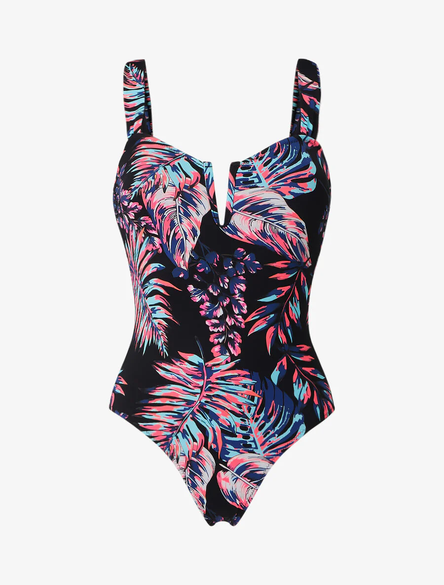 Badpak met tropische plantenprint - Zwart