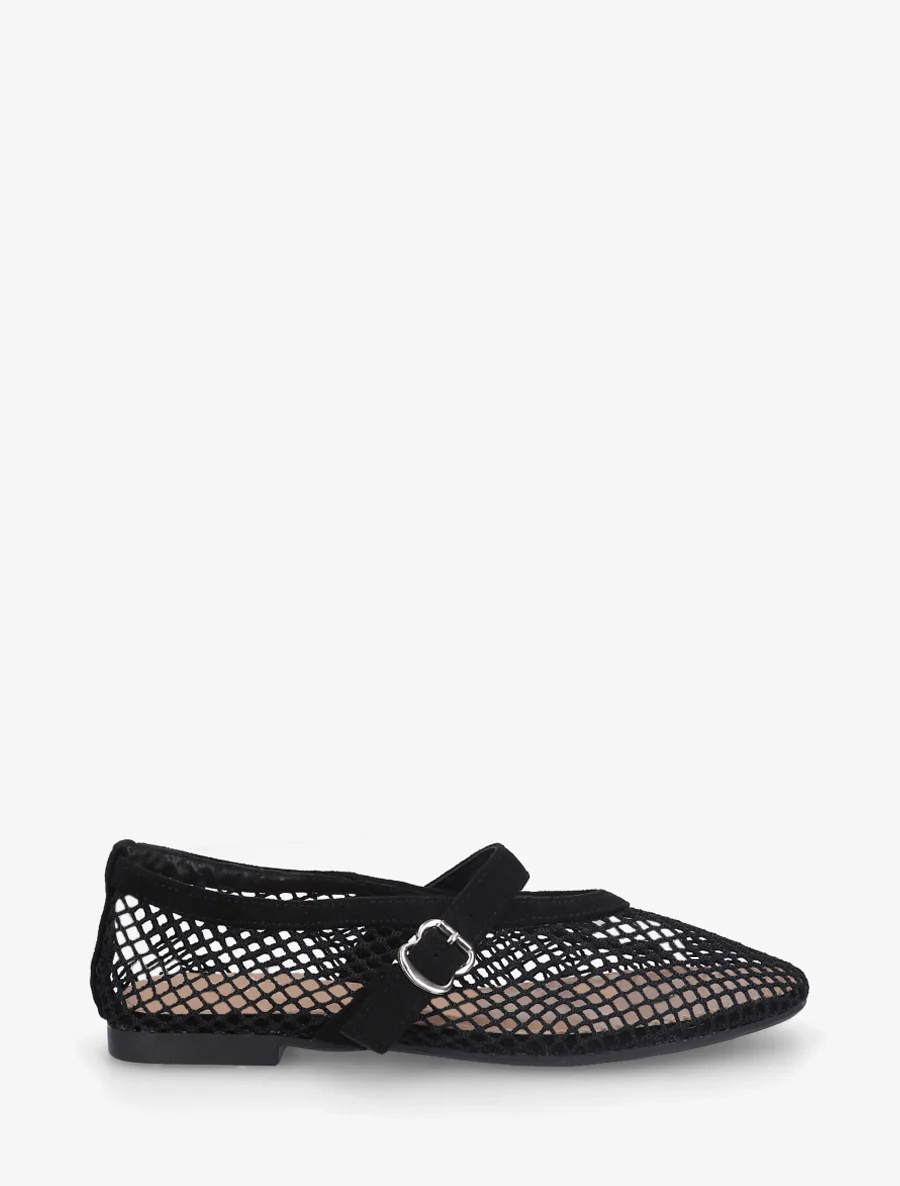 Ballerina's van netstof in Mary Jane-stijl - Zwart