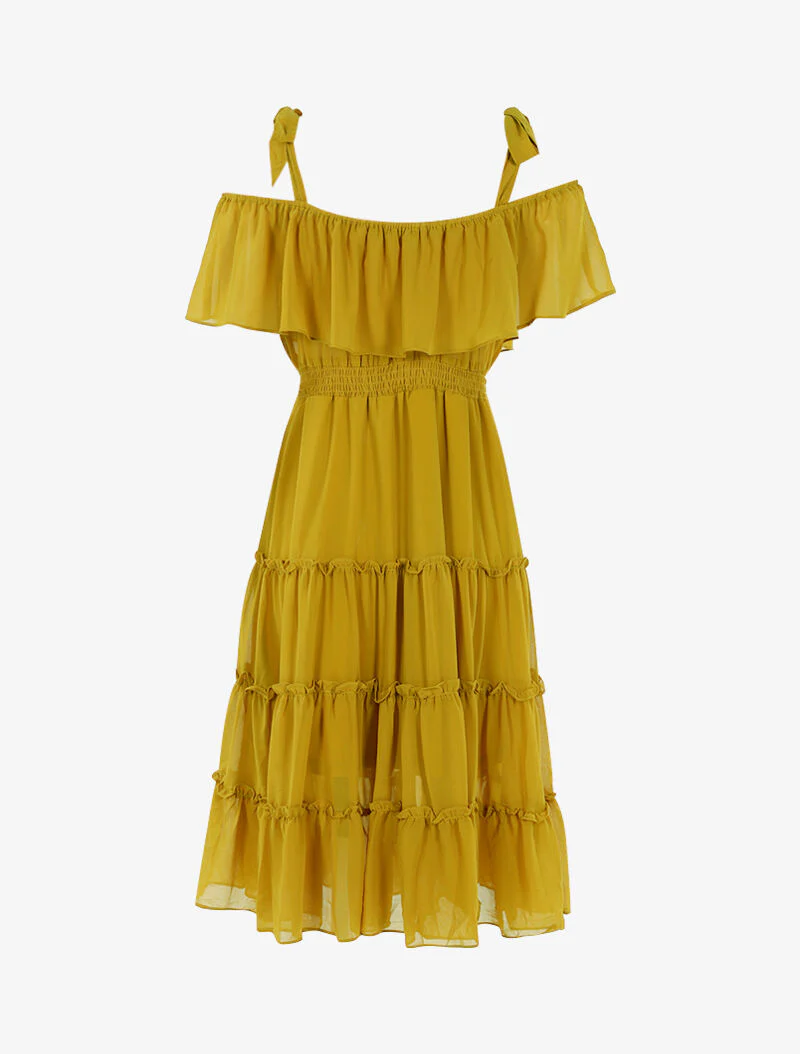 Off-shoulder jurk met ruches - geel - Image 2