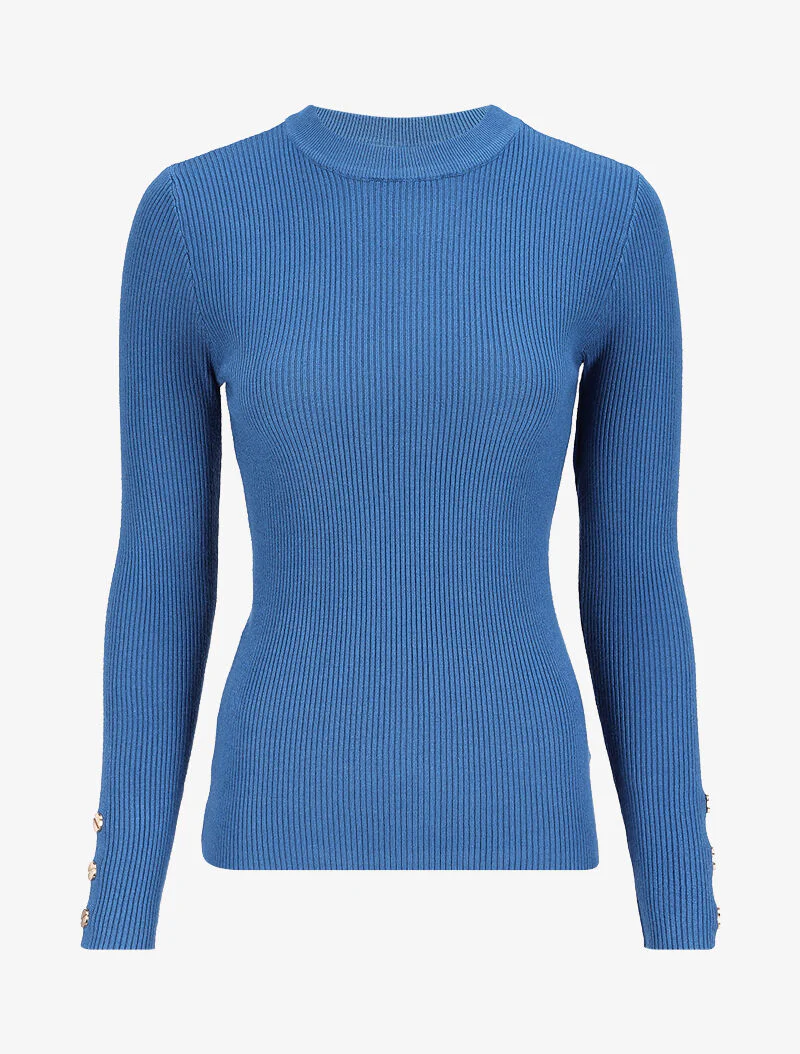 Basisribtrui met knoopmanchetten - Blauw - Image 2