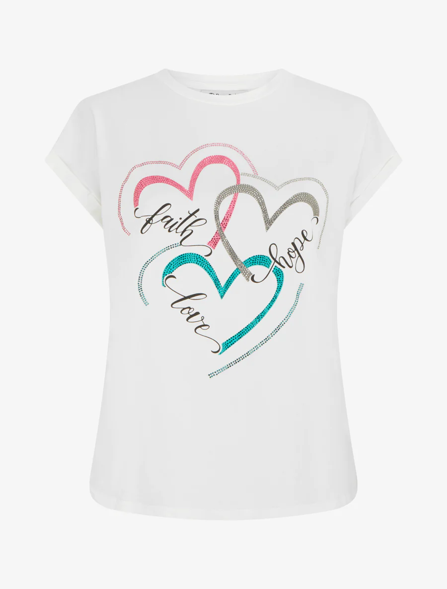 Bedrukt T-shirt met 3 strass harten - Wit