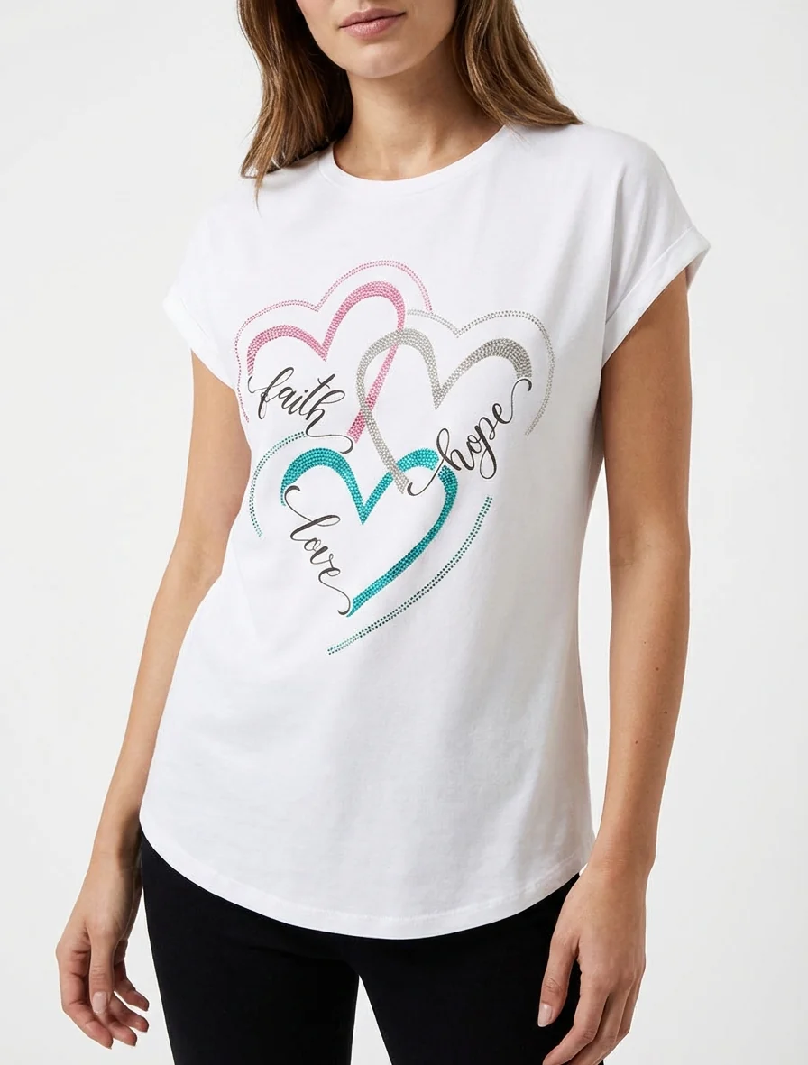 Bedrukt T-shirt met 3 strass harten - Wit - Image 4