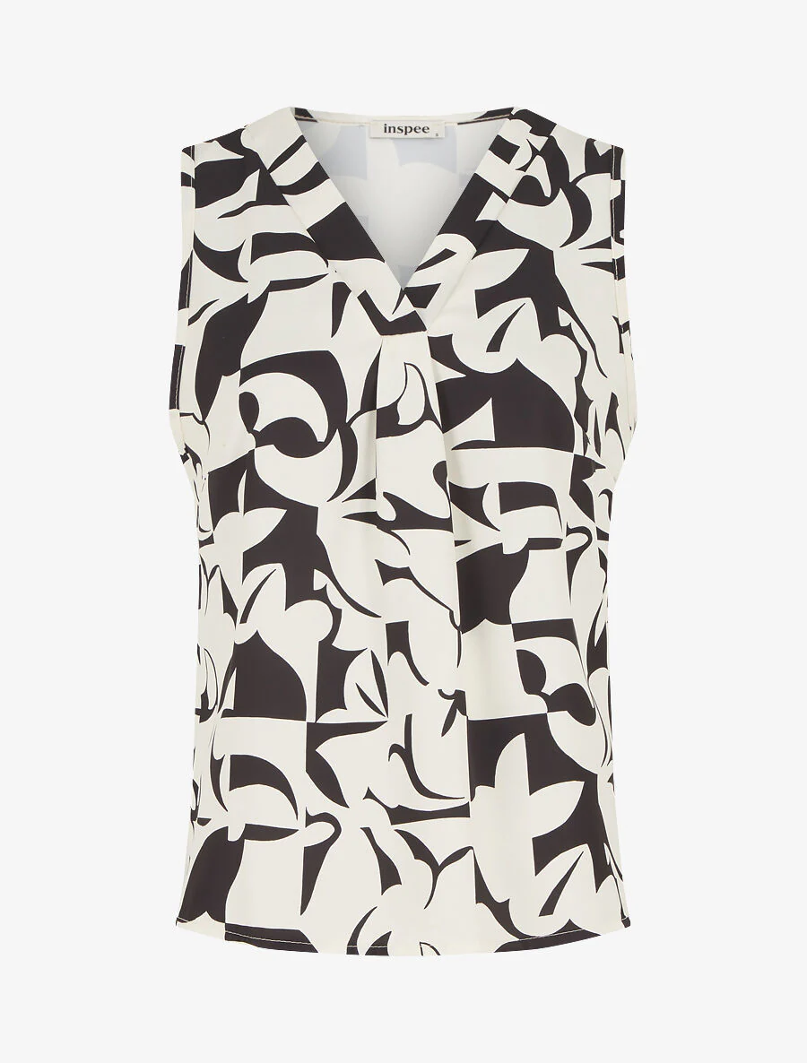 Bedrukte mouwloze top met V-hals - beige