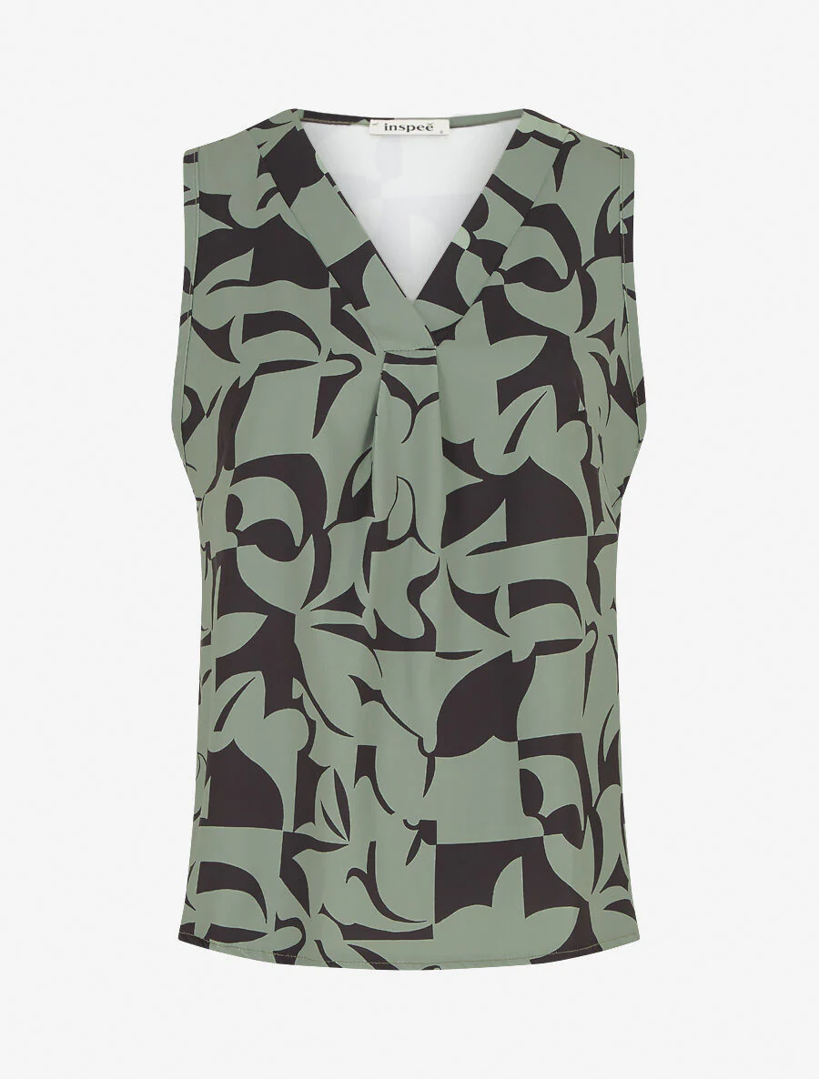 Bedrukte mouwloze top met V-hals - Khaki