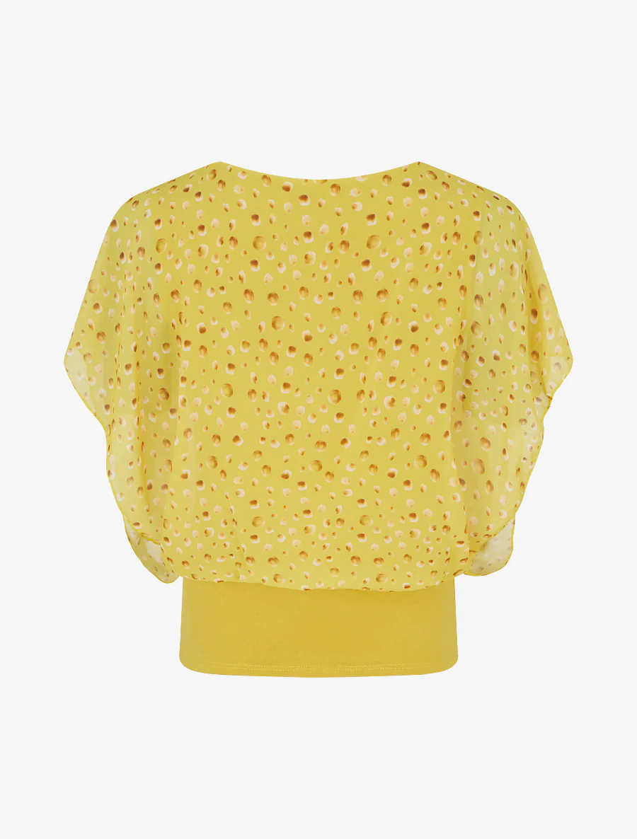 Bedrukte top met kleine rondjes en volantmouwen - Geel - Image 2