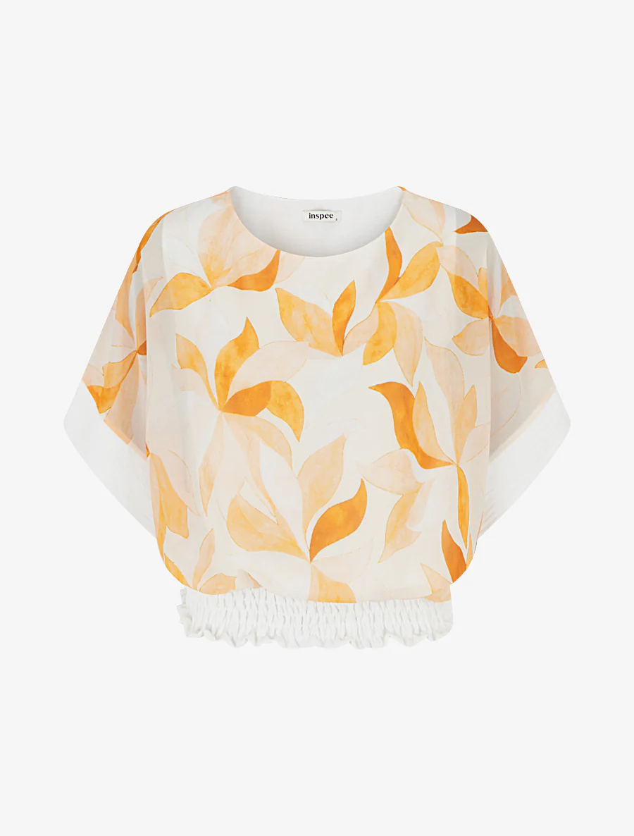 Bedrukte top met korte vlindermouwen - Beige