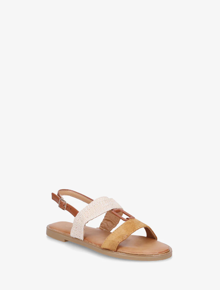 Bi-materiaal sandalen met rechthoekig sieraad - Kameel - Image 2