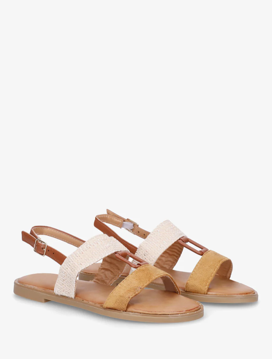 Bi-materiaal sandalen met rechthoekig sieraad - Kameel - Image 4