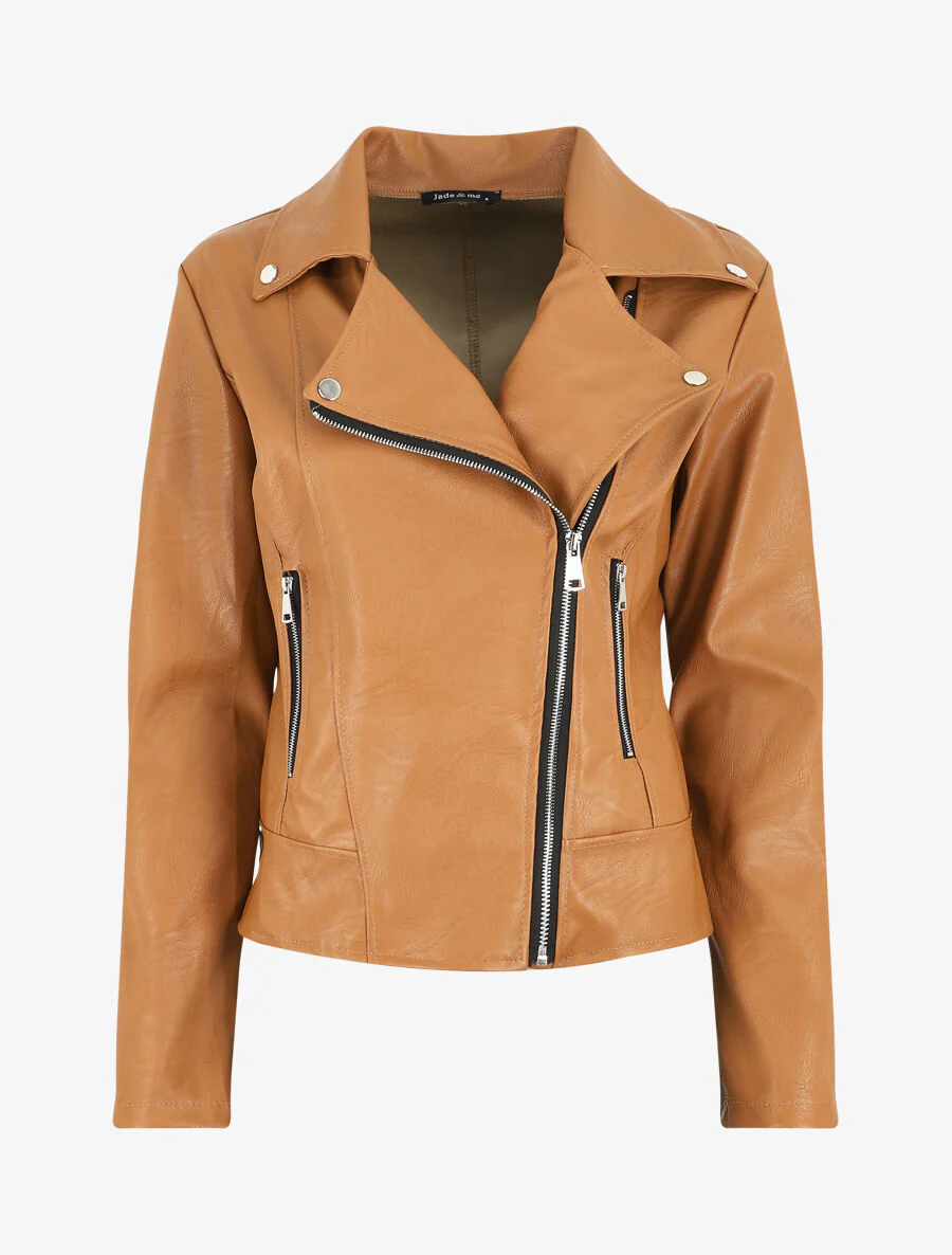 Bikerjack van imitatieleer in recht model - Kameel