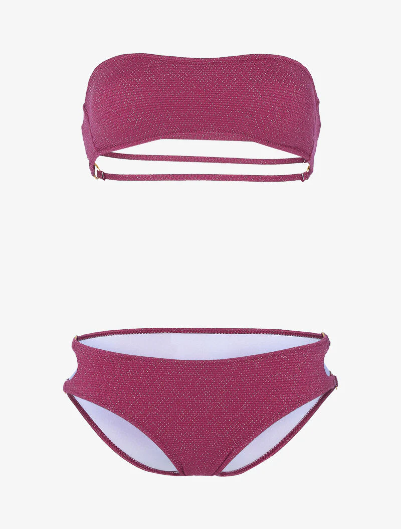 Bandeau bikini lamé met gouden oogjes - kersenrood - rood