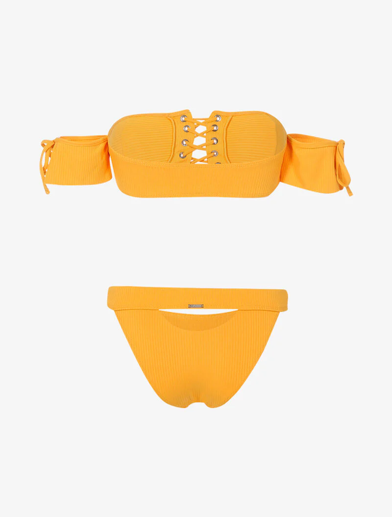 Geribbelde bikini met korset en opengewerkte tanga - mosterdgeel - Image 2