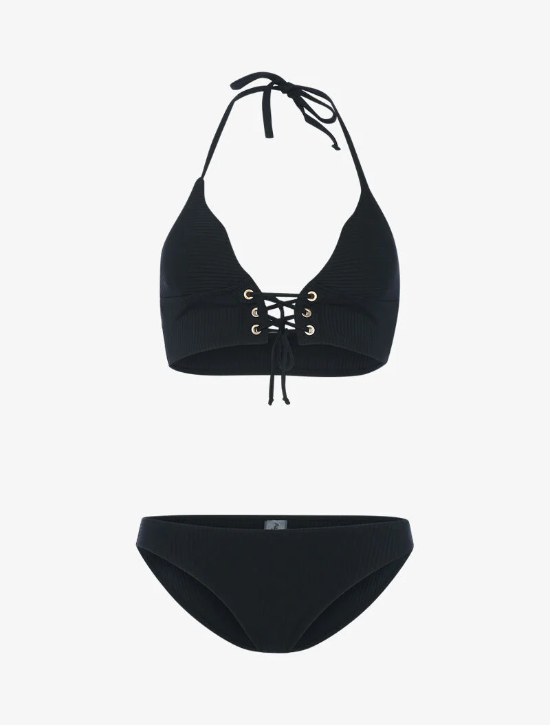 Geribbelde korset driehoek bikini - zwart