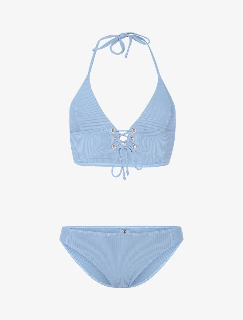 Geribbelde korset driehoek bikini - blauw