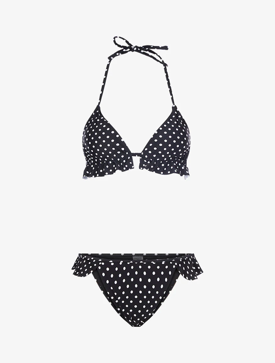 Driehoekige bikini met stippen en ruches - Zwart