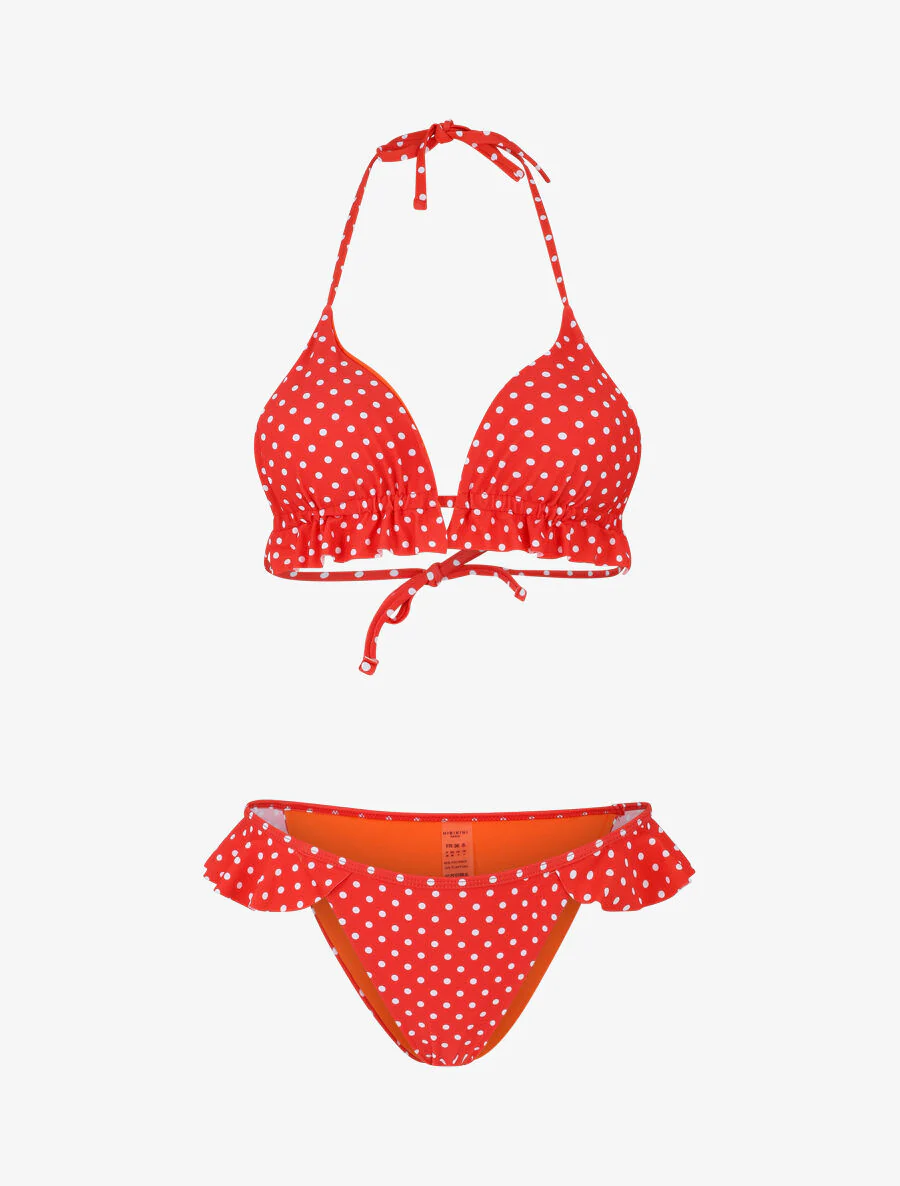 Driehoekige bikini met stippen en ruches - Rood