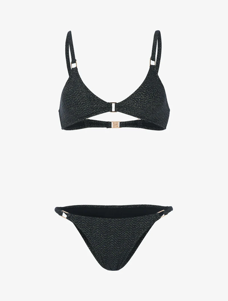 Getextureerde en glinsterende triangelbikini - zwart