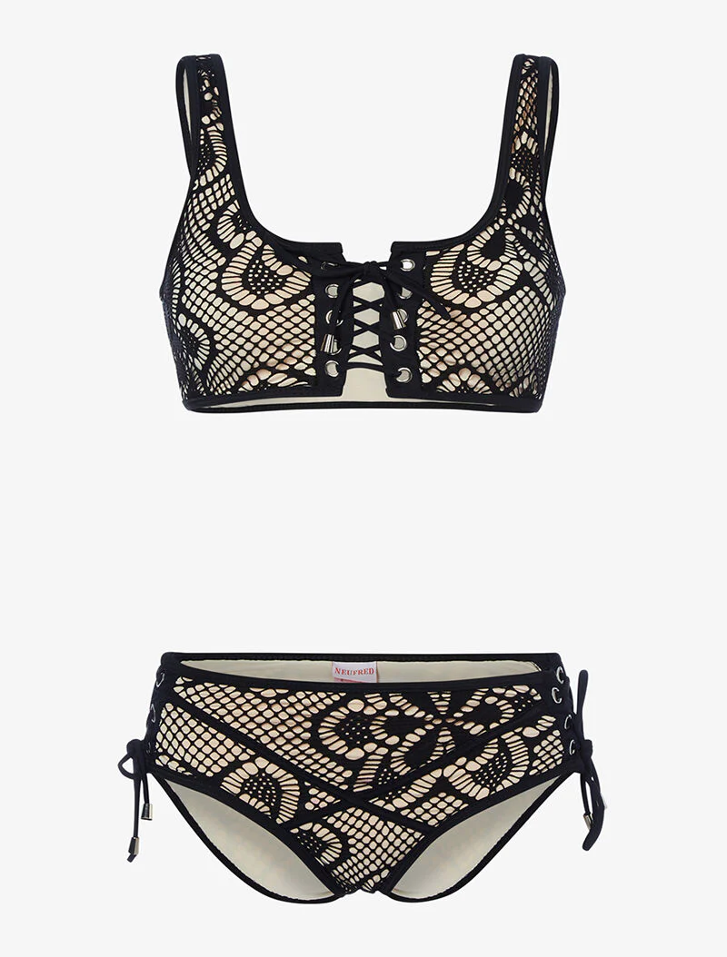 Gehaakte gevoerde bikini - zwart/beige
