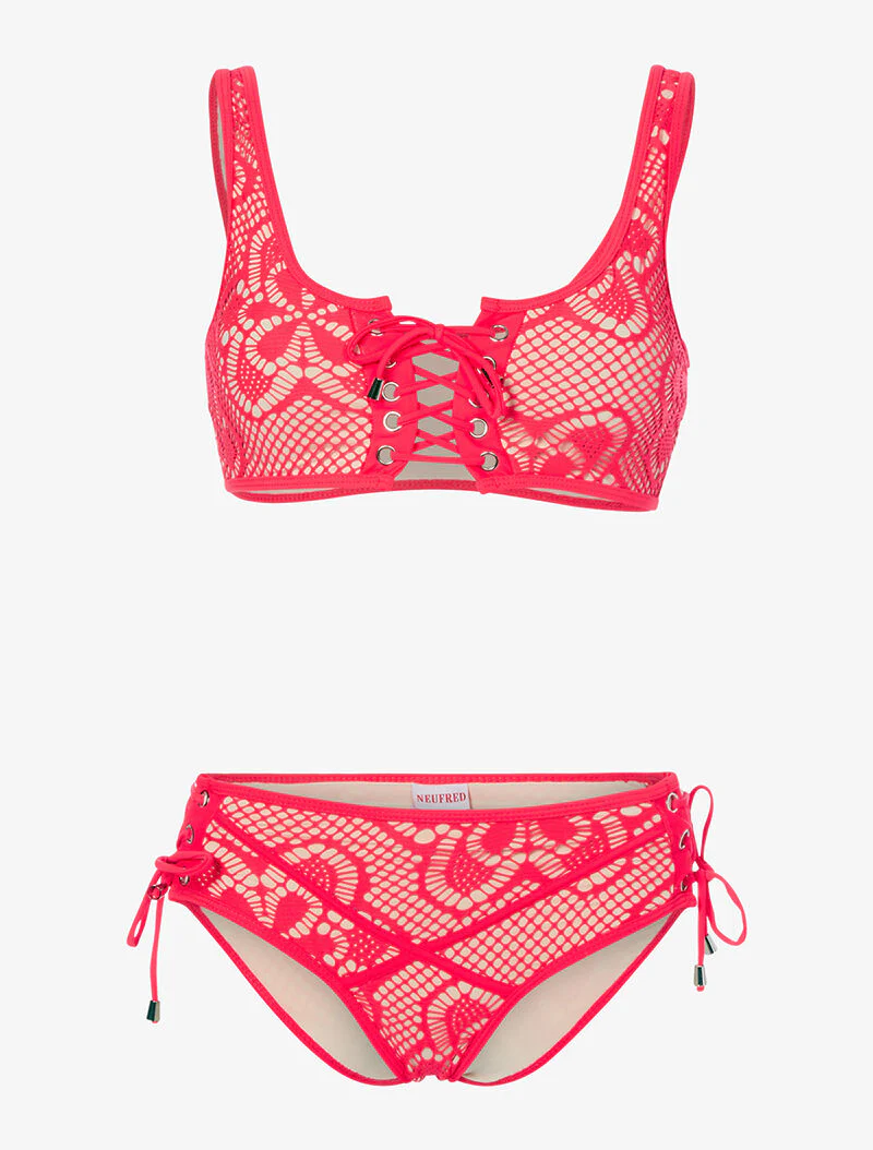 Gehaakte gevoerde bikini - fluokoraal/beige