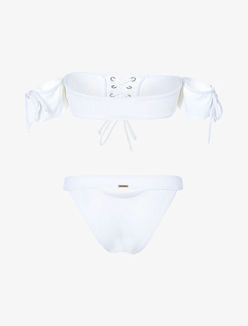 Geribbelde bikini met korset en opengewerkte tanga - wit - Image 2
