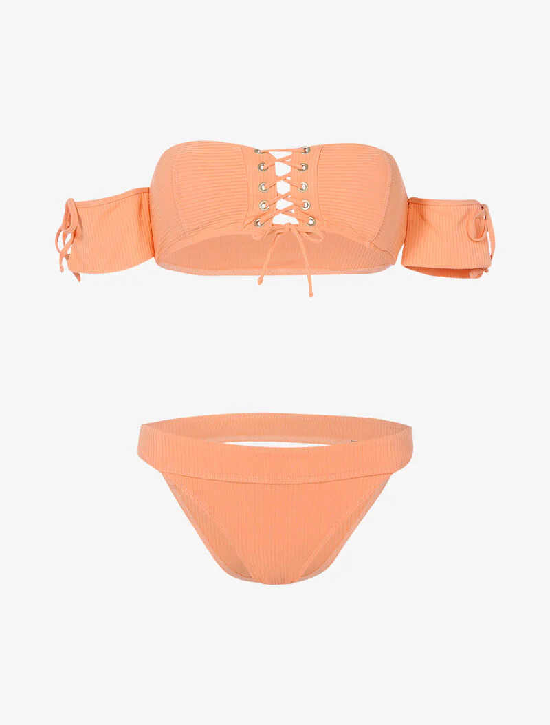 Geribbelde bikini met bustier en opengewerkte tanga - lichtoranje