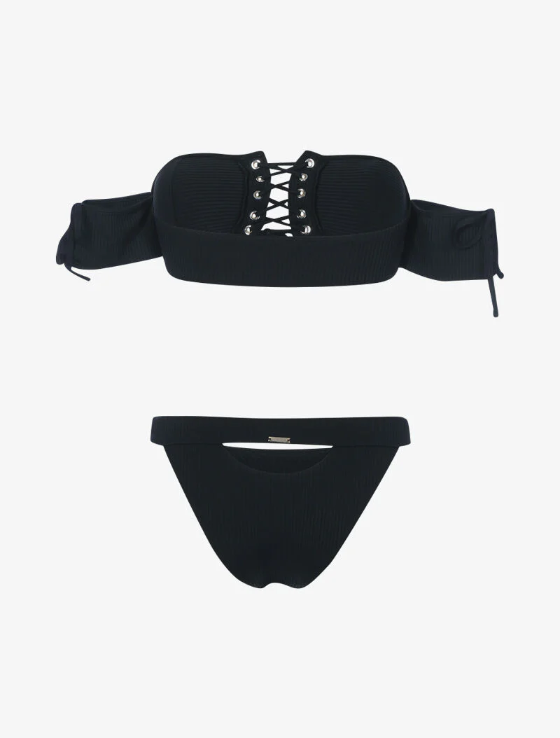 Geribbelde bikini met korset en opengewerkte tanga - zwart - Image 2