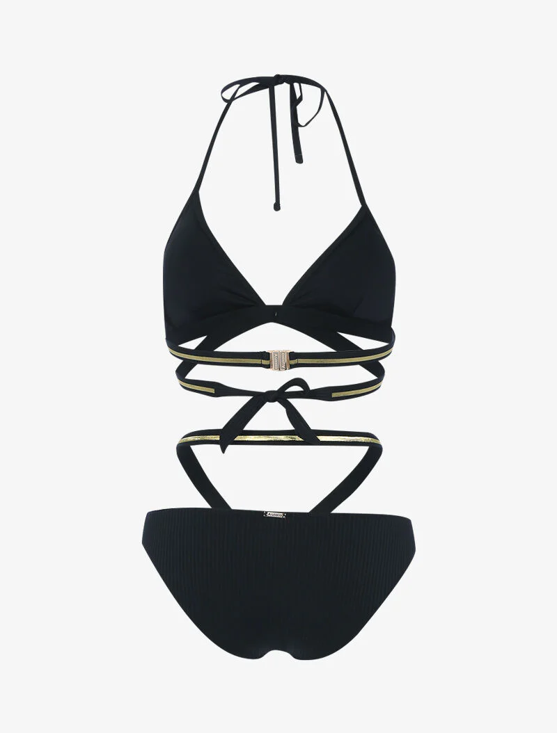 Geribde bikini met gouden banden - zwart - Image 2