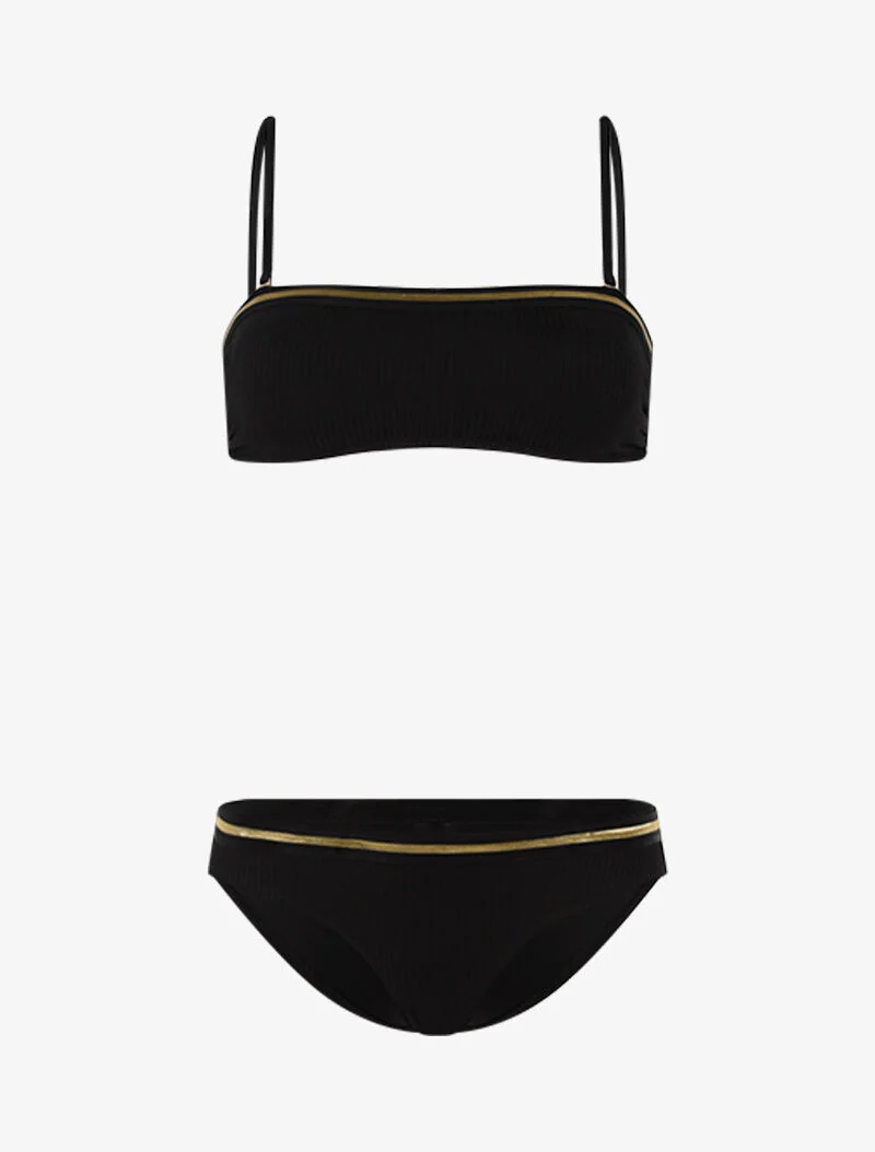 Geribde bikini met contrasterende biezen - zwart/goud