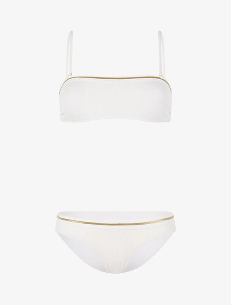 Geribde bikini met contrasterende biezen - écru/goud