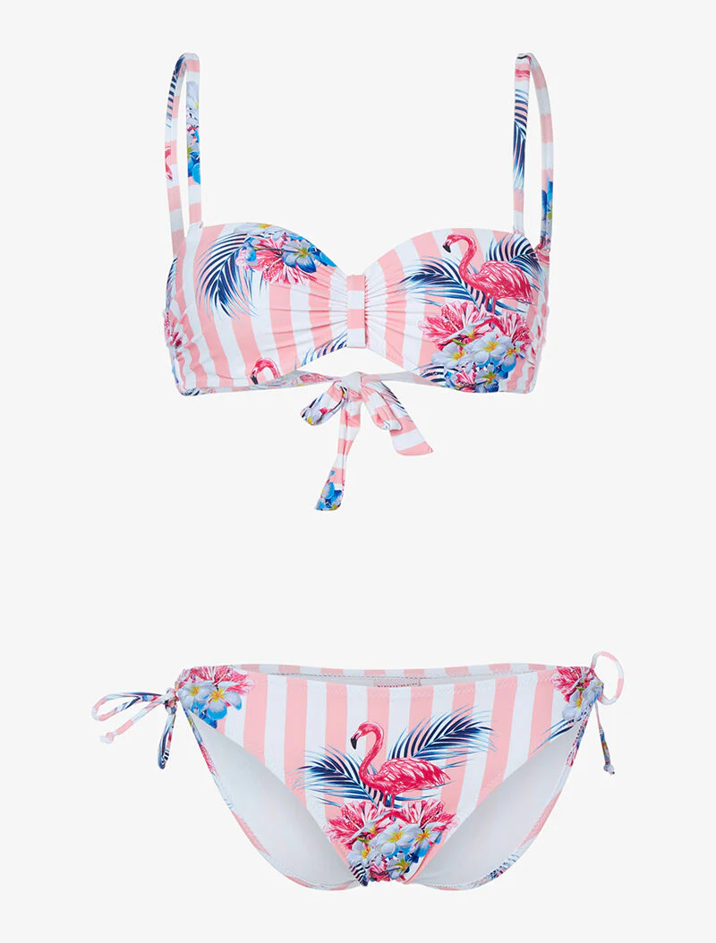 Gestreepte bikini met bloemenprint - poederroze - roze oranje