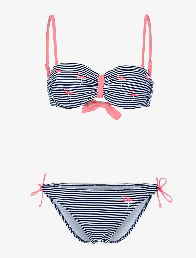 Gestreepte bikini met flamingo's - marine/fluo oranje