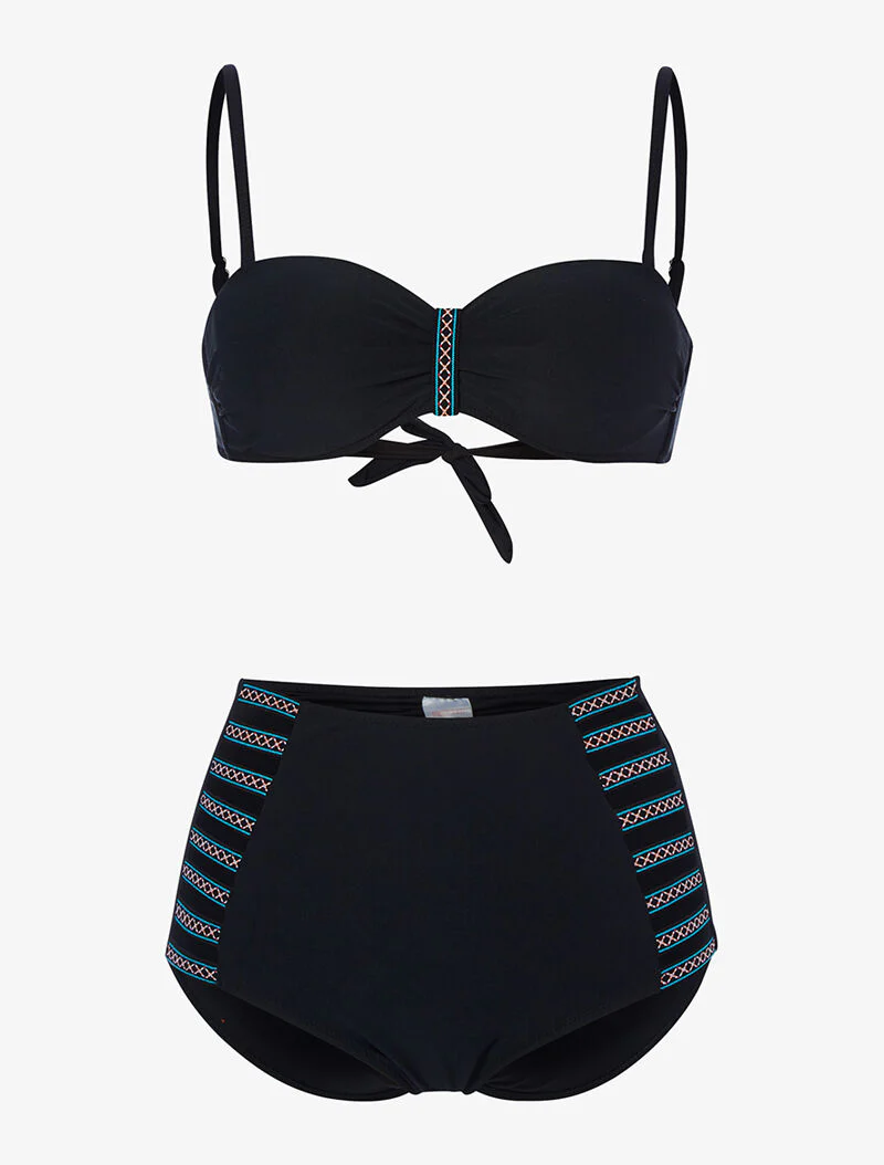 Hoog getailleerde bikini met geborduurde kant - zwart