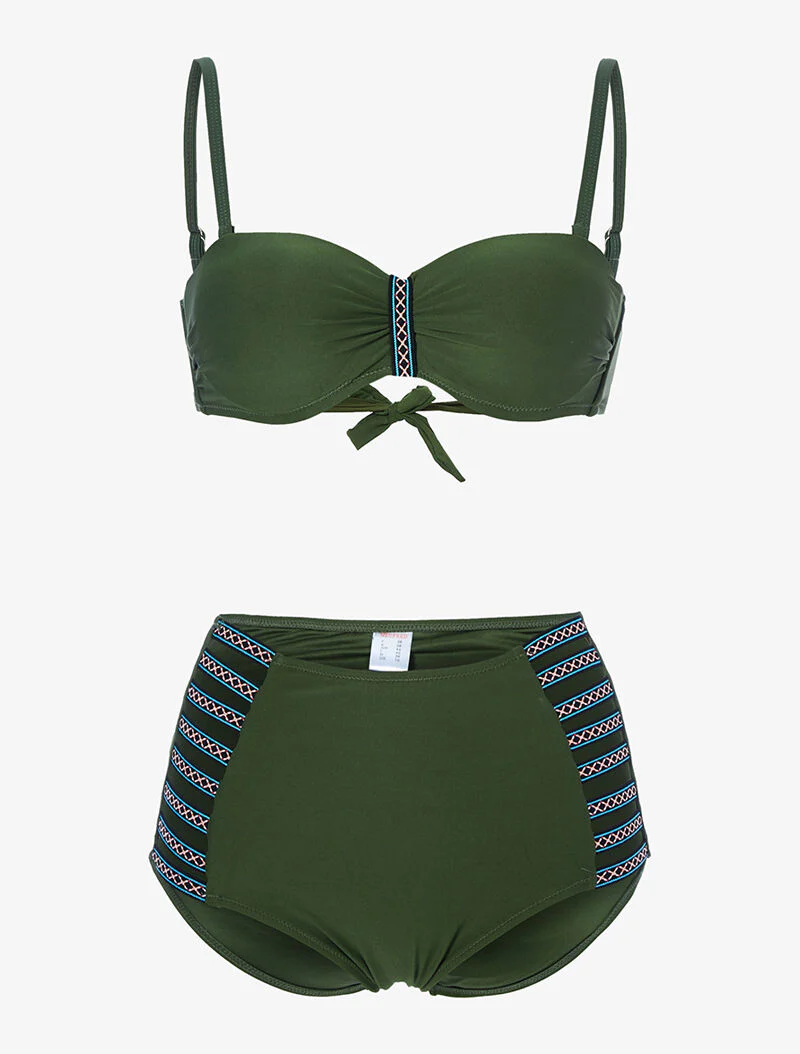 Hoog getailleerde bikini met geborduurde kant - kaki