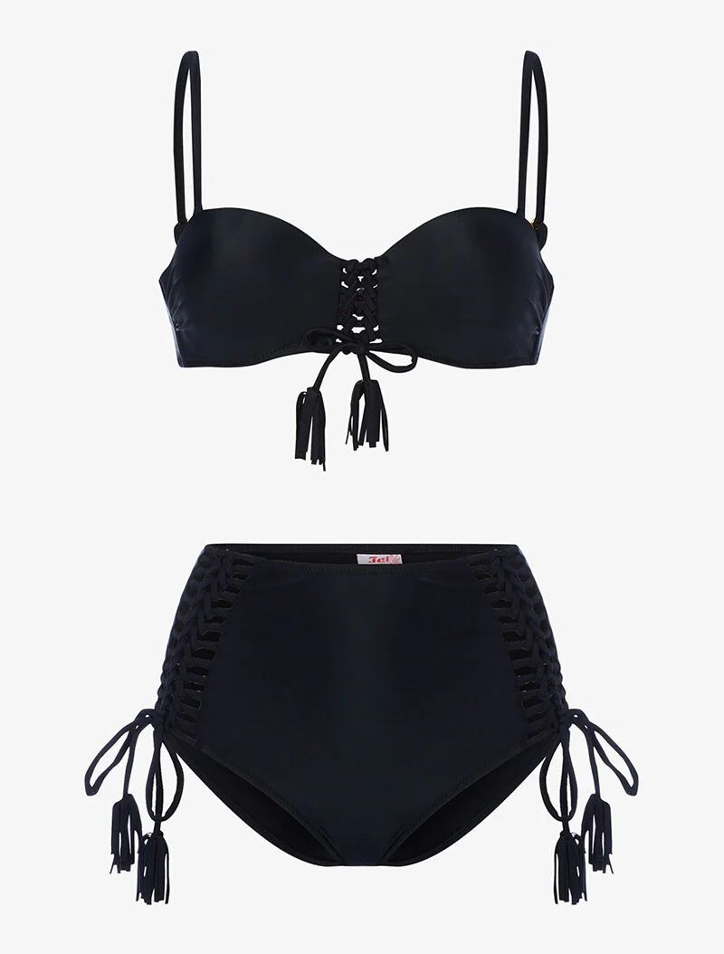 Hoog getailleerde bikini met korset - zwart