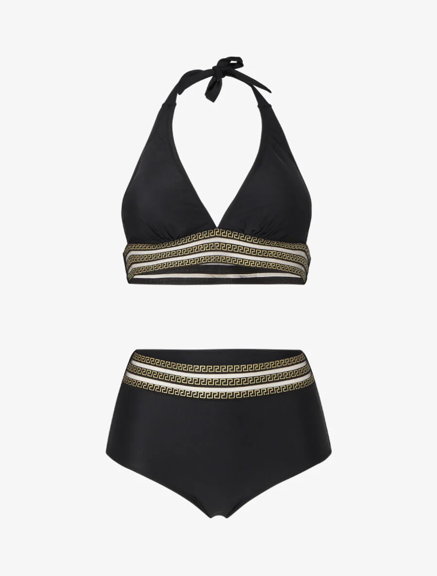 Hoog getailleerde bikini met Griekse motieven - Zwart