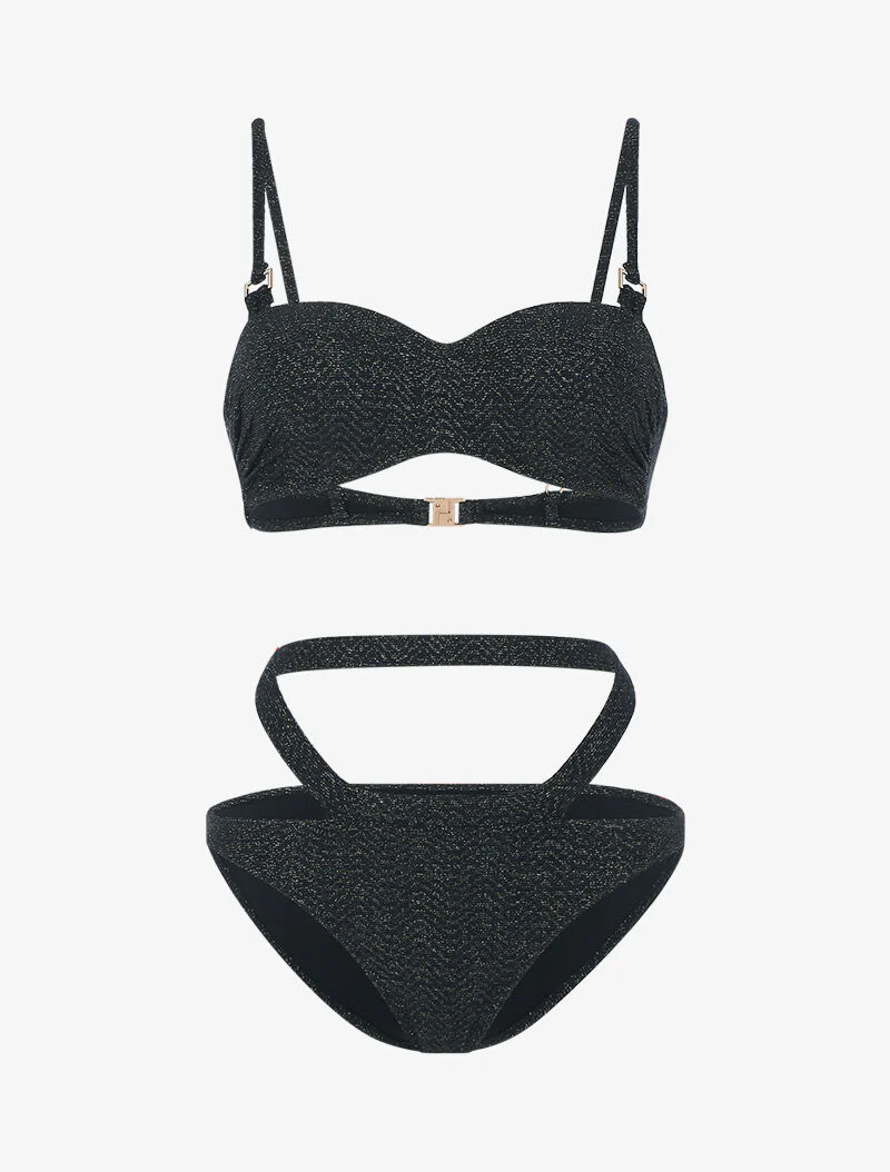 Textuur en glinsterende balconette bikini - zwart