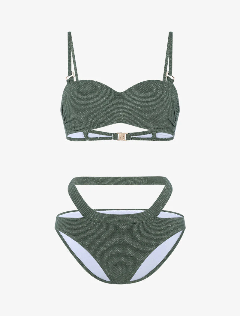 Textuur en glinsterende balconette bikini - kaki