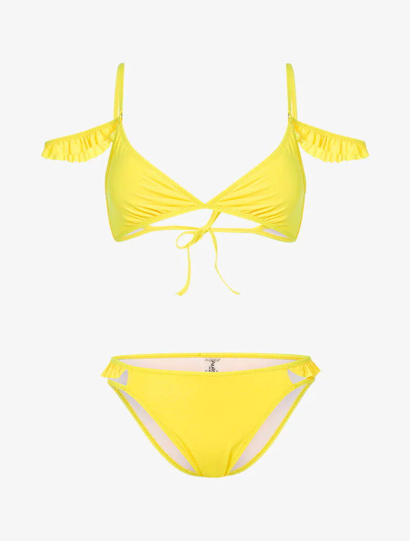 Dubbele ruches bikini met bandjes - geel