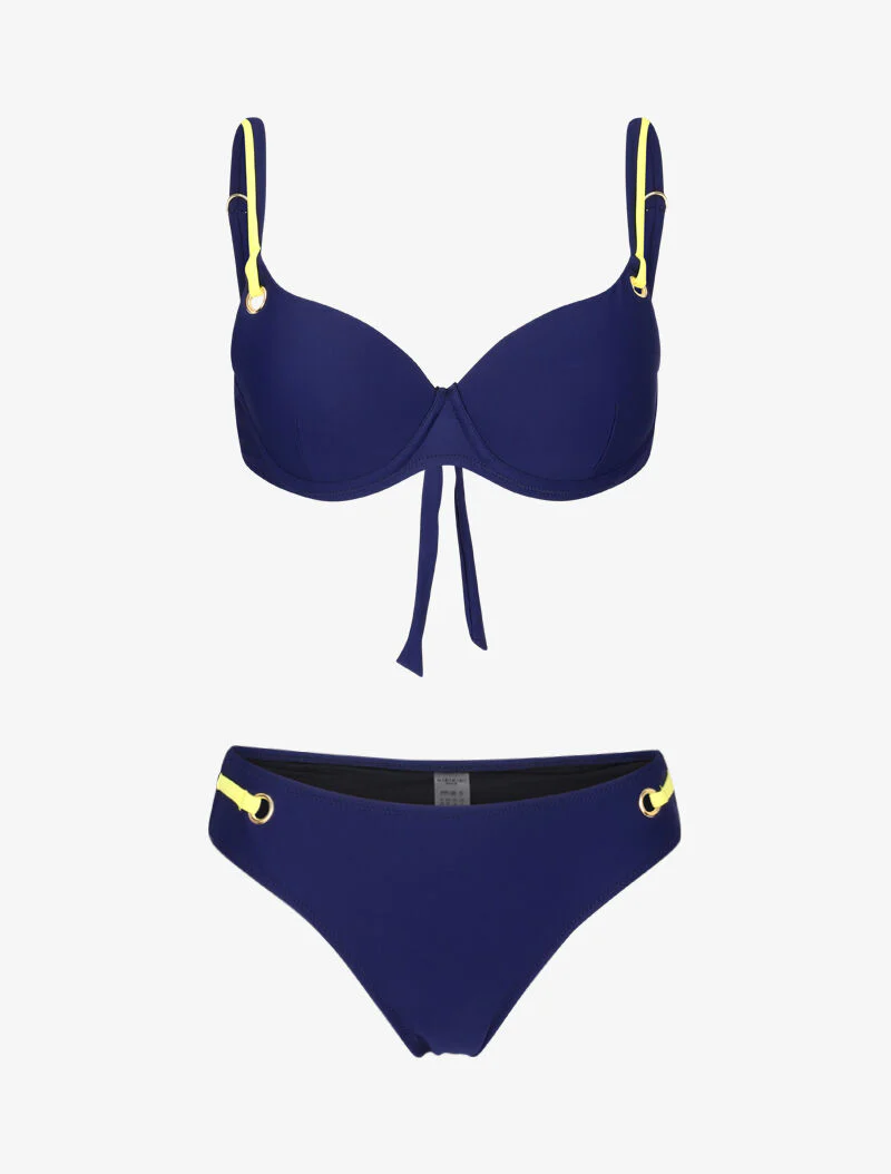 Bikini met oogjes en contrasterende bandjes - marineblauw