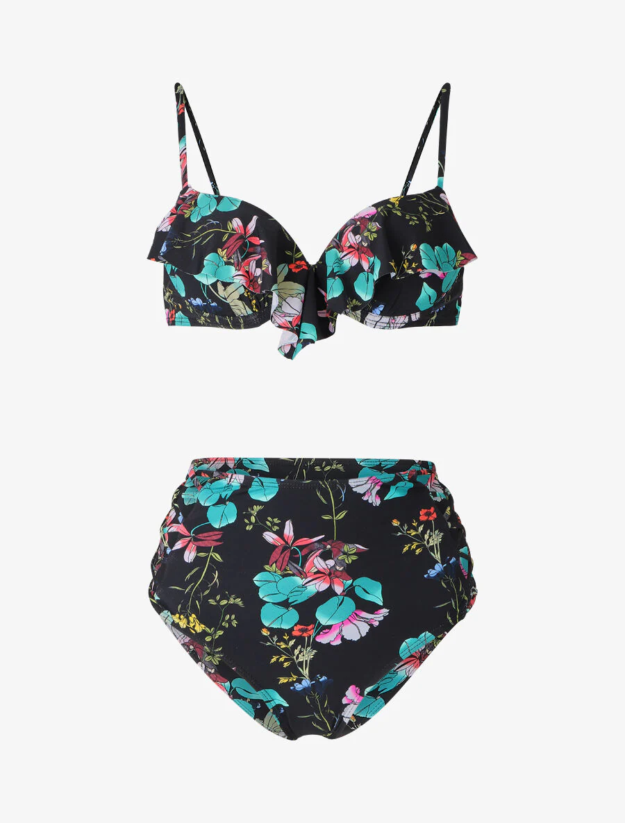 Bloemen bikini met ruches - Zwart